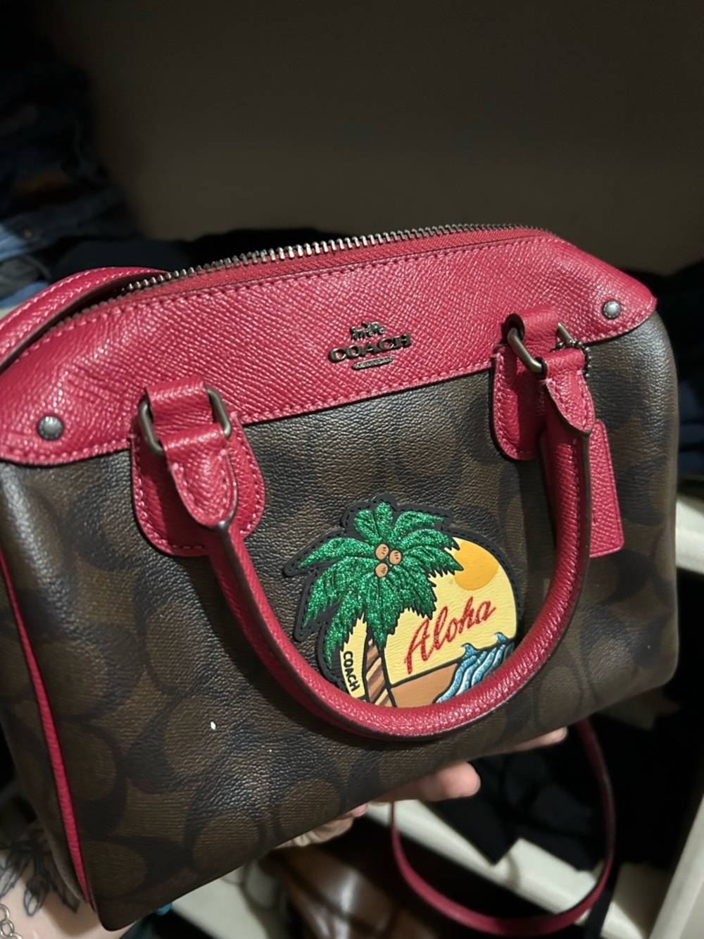 Coach Brown Signature Canvas Satchel with Pink Trim and Aloha Patch